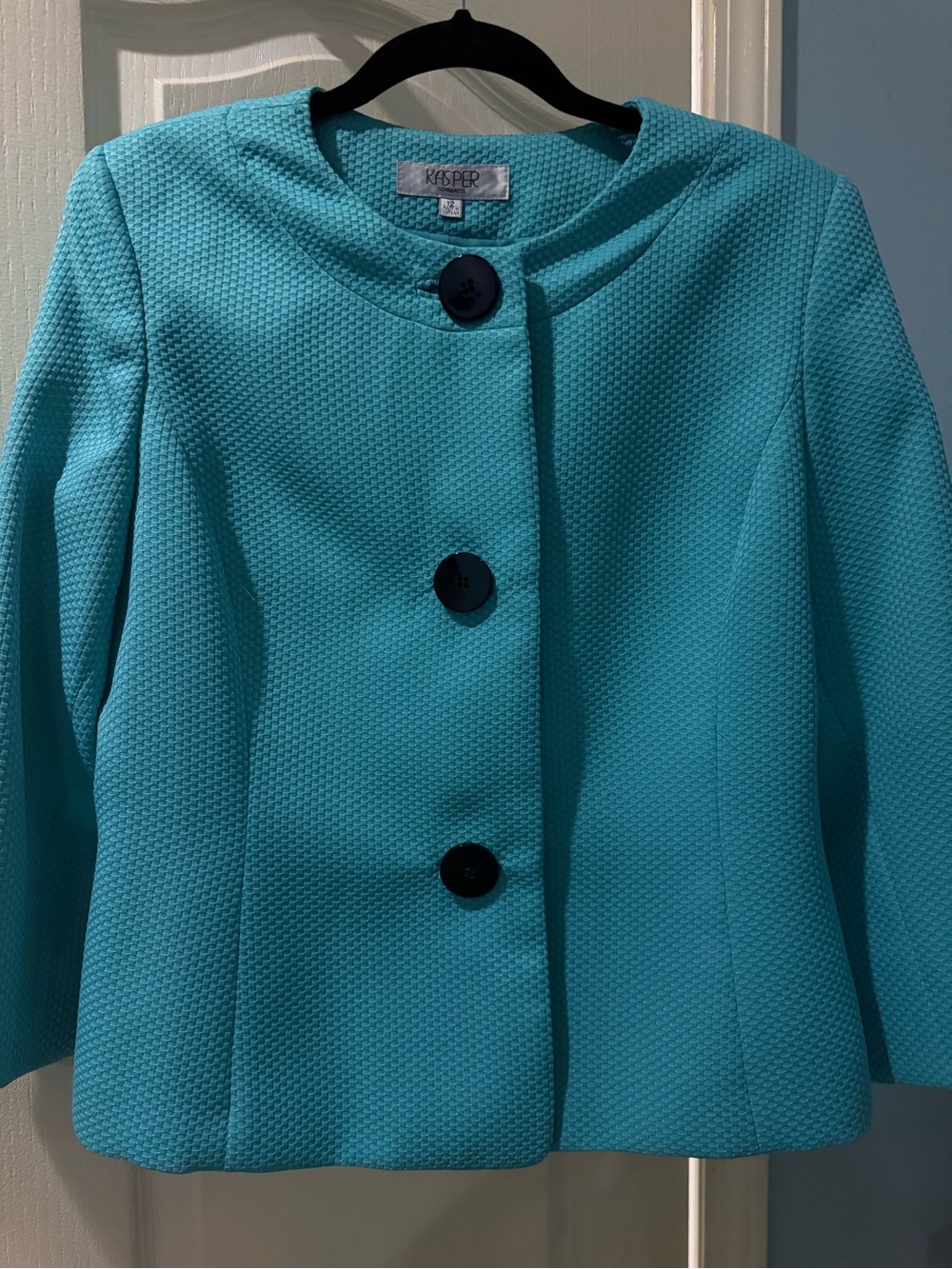 Kasper Teal Textured Crop Blazer with Contrast Buttons